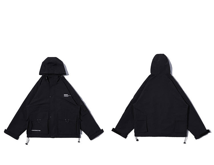 Letter Black Multi-pocket Men's Hip Hop Cargo Jackets Coats Streetwear Cardigan Zipper Casual Techwear Hooded Men Outerwear Top
