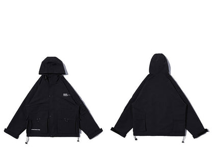Letter Black Multi-pocket Men's Hip Hop Cargo Jackets Coats Streetwear Cardigan Zipper Casual Techwear Hooded Men Outerwear Top