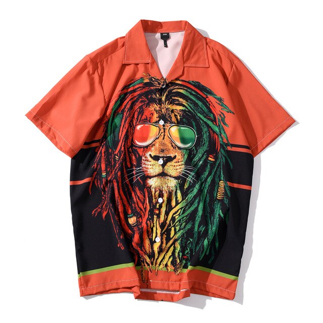 Summer Lion Print Orange Beach Hawaiian Aloha Shirts Mens Casual Short Sleeve Shirt Camisas Fashion Shirts Tops