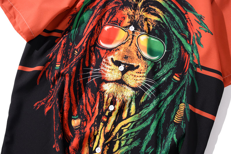 Summer Lion Print Orange Beach Hawaiian Aloha Shirts Mens Casual Short Sleeve Shirt Camisas Fashion Shirts Tops