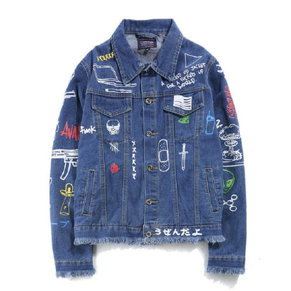 Hip Hop Fashion Printed Jeans Jacket Men  Autumn Winter Streetwear Denim Jackets Coats Cowboy Jacket Jaqueta masculina