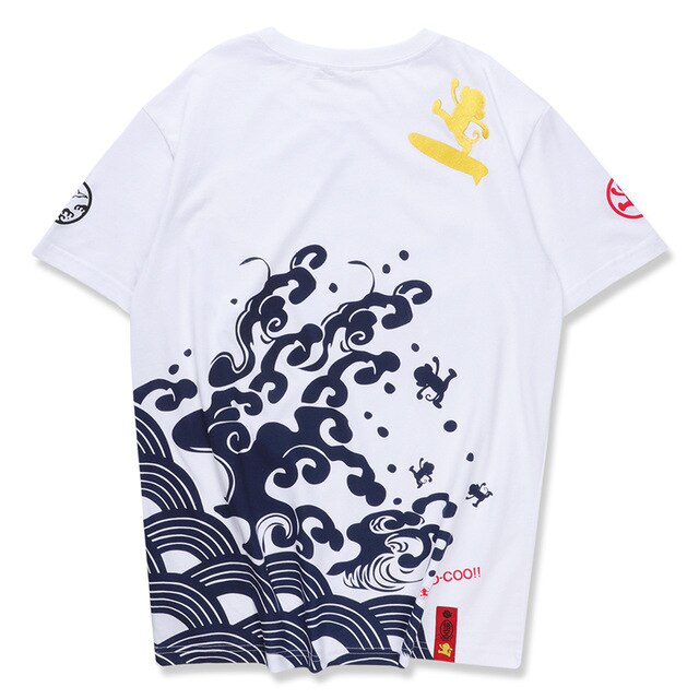 Japanese Style Wave Streetwear TShirts Mens Embroidery Short Sleeve T-shirts Harajuku Hip Hop Cotton Loose Tees Shirts