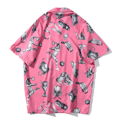 Summer Tennis Print Pink Beach Hawaiian Aloha Shirts Mens Casual Short Sleeve Shirt Male Fashion Shirts Tops