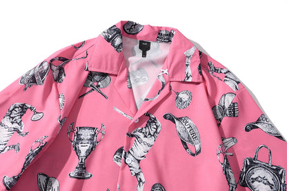 Summer Tennis Print Pink Beach Hawaiian Aloha Shirts Mens Casual Short Sleeve Shirt Male Fashion Shirts Tops