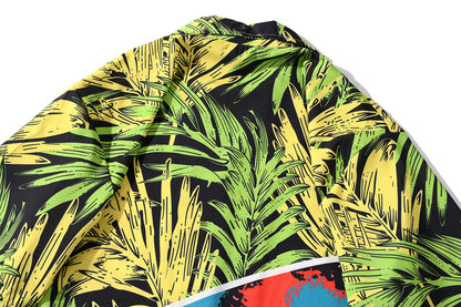 Fashion Summer Leaves Print Orange Beach Hawaiian Aloha Shirts Mens Casual Short Sleeve Shirt Camisas Shirts Tops