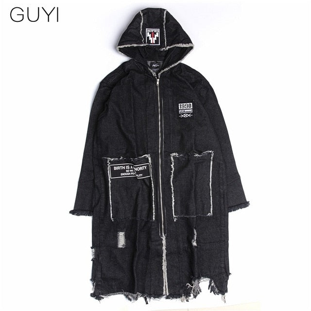 Hip Hop Hole Hooded Long Trench Jackets Coats Men Raw Edge Cloak Male Capes Gothic Punk Steampunk Overcoat Print Denim Full GUYI