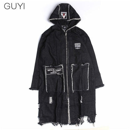 Hip Hop Hole Hooded Long Trench Jackets Coats Men Raw Edge Cloak Male Capes Gothic Punk Steampunk Overcoat Print Denim Full GUYI
