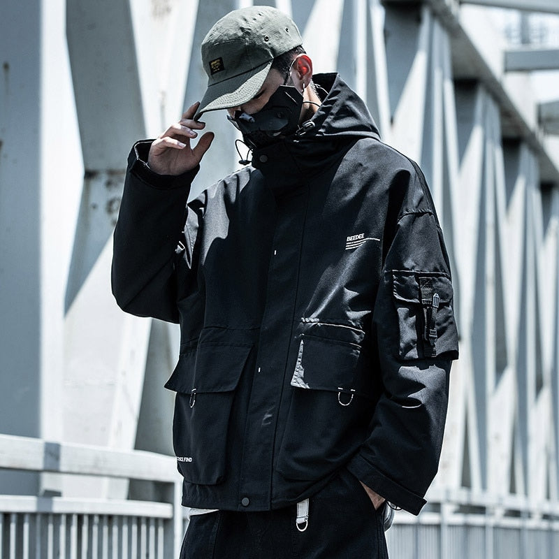 Letter Black Multi-pocket Men's Hip Hop Cargo Jackets Coats Streetwear Cardigan Zipper Casual Techwear Hooded Men Outerwear Top
