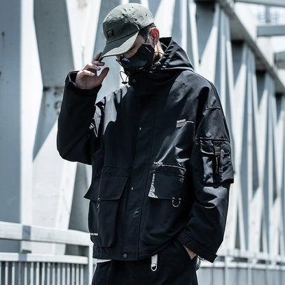 Letter Black Multi-pocket Men's Hip Hop Cargo Jackets Coats Streetwear Cardigan Zipper Casual Techwear Hooded Men Outerwear Top
