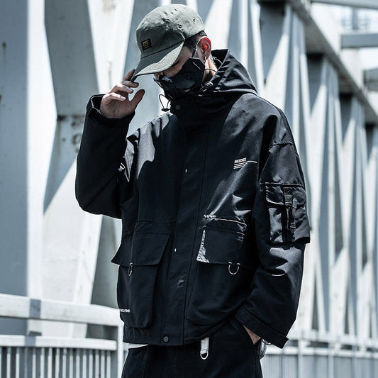 Letter Black Multi-pocket Men's Hip Hop Cargo Jackets Coats Streetwear Cardigan Zipper Casual Techwear Hooded Men Outerwear Top