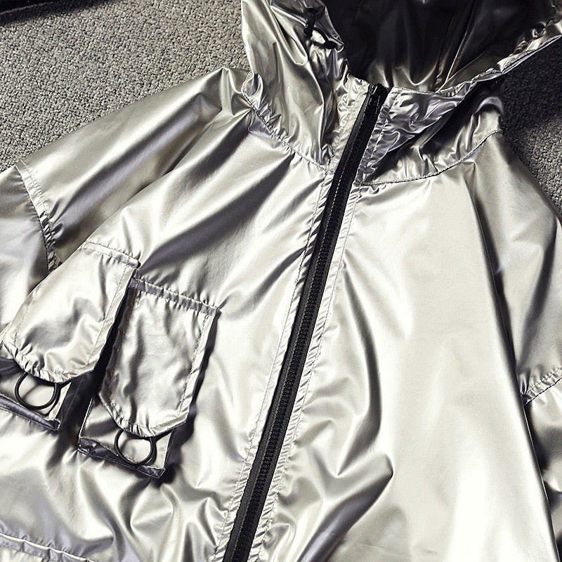 New Spring men Bright Leather Jacket Hooded Multi-pocket Fashion Design Men's Jackets and Coats Clothes Big Size 4XL 5XL