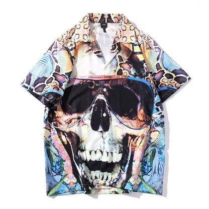 Summer Sunglasses Skull Print Beach Hawaiian Aloha Shirts Mens Casual Short Sleeve Shirt Male Fashion Shirts Top