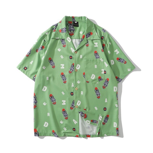 Hip Hop Print Holiday Shirts Short Sleeve Summer Beach Streetwear Green Hawaiian Shirts Men Casual Harajuku Aloha Shirt