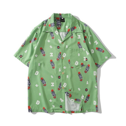 Hip Hop Print Holiday Shirts Short Sleeve Summer Beach Streetwear Green Hawaiian Shirts Men Casual Harajuku Aloha Shirt