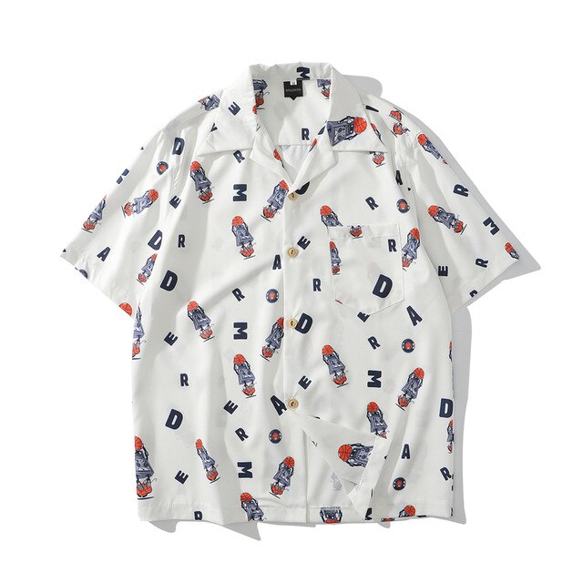 Hip Hop Print Holiday Shirts Short Sleeve Summer Beach Streetwear Green Hawaiian Shirts Men Casual Harajuku Aloha Shirt