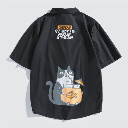 Japanese Style Cat Print White Shirts Mens Casual Short Sleeve Shirt Male Fashion Cotton Shirts Tops Clothing