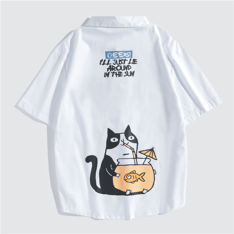 Japanese Style Cat Print White Shirts Mens Casual Short Sleeve Shirt Male Fashion Cotton Shirts Tops Clothing