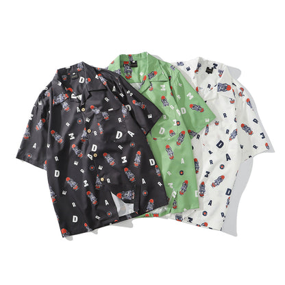 Hip Hop Print Holiday Shirts Short Sleeve Summer Beach Streetwear Green Hawaiian Shirts Men Casual Harajuku Aloha Shirt