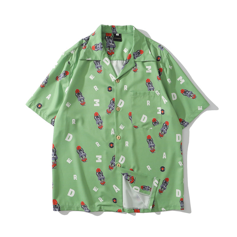 Hip Hop Print Holiday Shirts Short Sleeve Summer Beach Streetwear Green Hawaiian Shirts Men Casual Harajuku Aloha Shirt