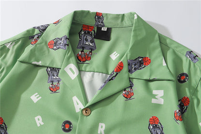 Hip Hop Print Holiday Shirts Short Sleeve Summer Beach Streetwear Green Hawaiian Shirts Men Casual Harajuku Aloha Shirt