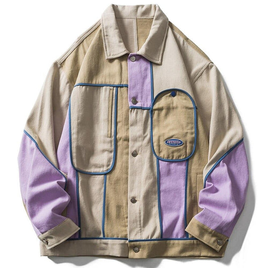 Jacket Men Color Block Patchwork Coats Autumn Couple Baggy Harajuku Vintage College Style Bomber Jackets Men Streetwear