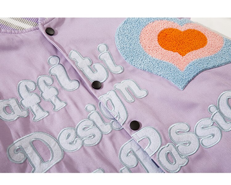 Furry Heart Patch Letter Embroidery Baseball Jacket Couple Varsity Jackets Coats Autumn Fashion Harajuku Streetwear Men