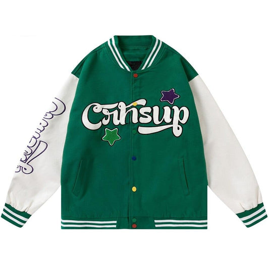 Patchwork Color Furry Embroidery Baseball Jackets Men Autumn Vintage High Street Harajuku Baggy Bomber Coats Streetwear