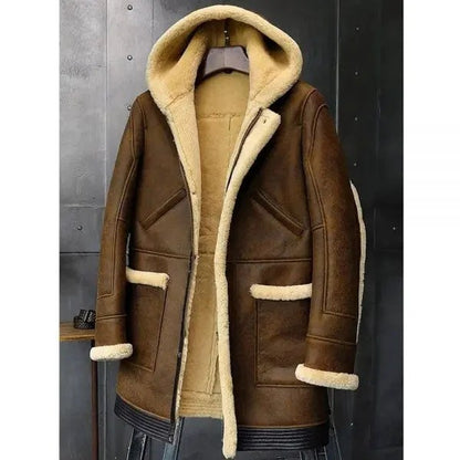 Sheepskin Coat Hooded Leather Jacket Fur Coat Mens Winter Coats Long Fur Jacket - L