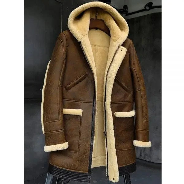 Sheepskin Coat Hooded Leather Jacket Fur Coat Mens Winter Coats Long Fur Jacket - M
