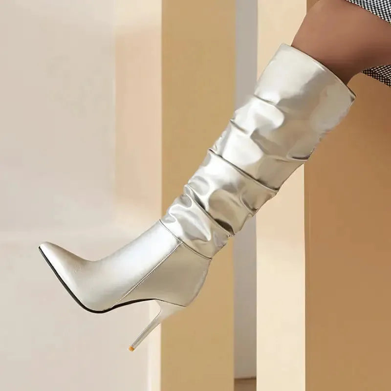 Spring And Autumn Stiletto Gold And Silver Boots