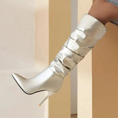 Spring And Autumn Stiletto Gold And Silver Boots